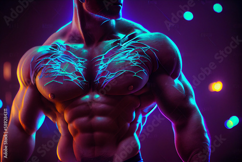 Sportive man bodybuilder is posing in the colorful neon light with naked muscular torso showing chest, abdominal muscles in neon studio light. High quality illustration photo