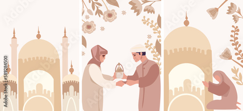 Celebrating Together, A Joyful Muslim Community with Mosque Silhouette Backdrop. Mans and women exchanging presents, extending congratulations to one another. Vector Illustration