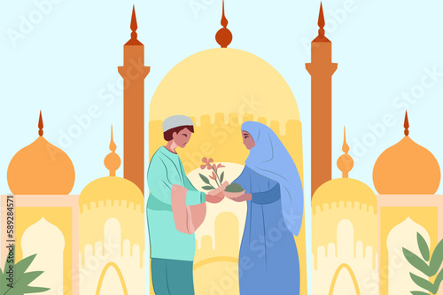 Celebrating Together: A Joyful Muslim Community with Mosque Silhouette Backdrop. Man and women exchanging presents, extending congratulations to one another. Vector Illustration
