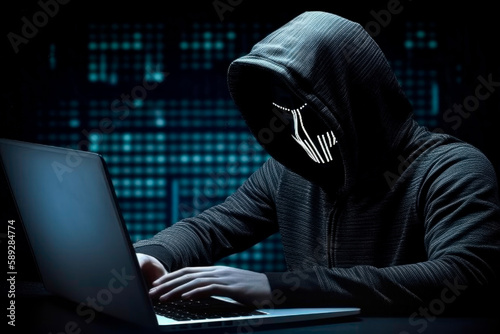 Hacker with black hoodie is making a cybercrime