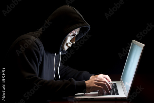 Hacker with black hoodie is making a cybercrime