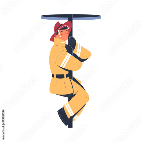 Professional firefighter on fire station pole. Fireman character in uniform and hat with rescue equipment. Rescue emergency service in action cartoon vector
