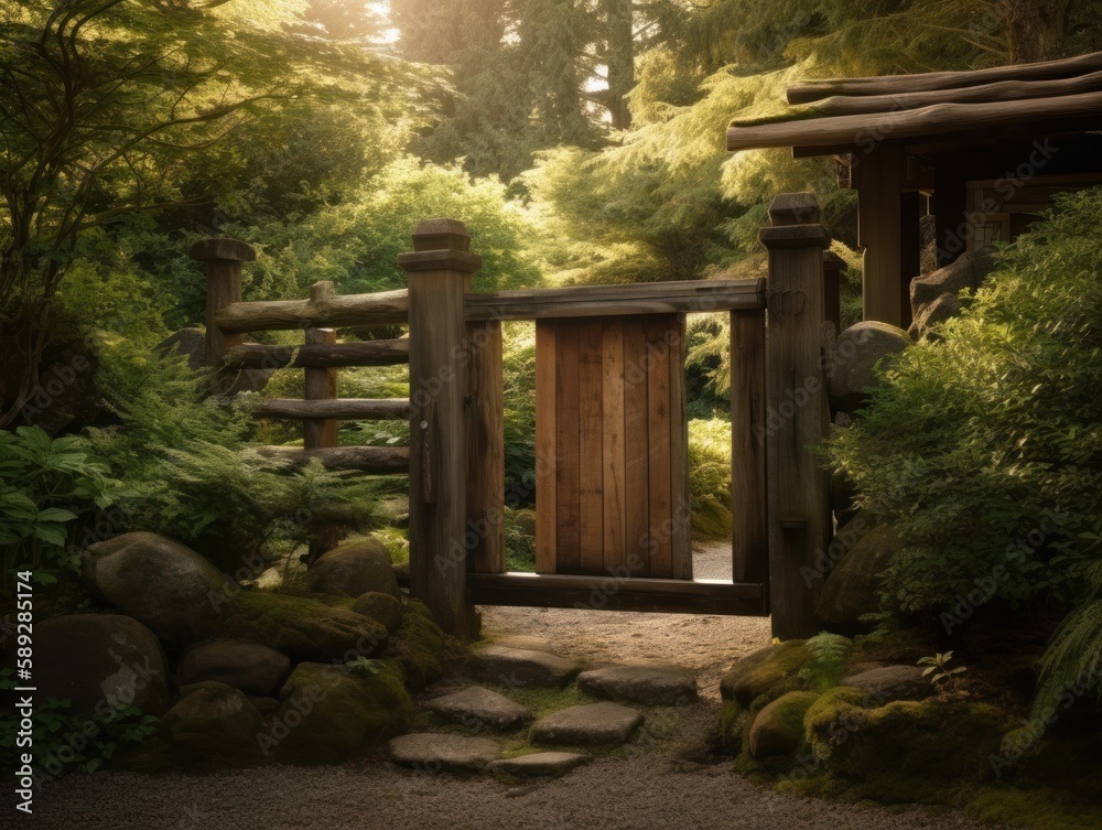 A warm and inviting view of a traditional wooden gate in a Japanese garden A warm and inviting view of a traditional wooden gate in a Japanese garden