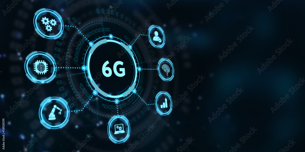 The concept of 6G network, high-speed mobile Internet, new generation networks. Business, modern technology, internet and networking concept. 3d illustration The concept of 6G network, high-speed mobile Internet, new generation networks. Business, modern technology, internet and networking concept. 3d illustration