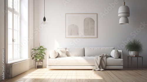 White minimalist room interior with sofa on a wooden floor, decor on a large wall. Generative Ai © PRI