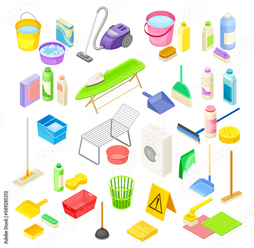 Household Cleaning Equipments with Mop, Broom and Bottles with Detergents Isometric Big Vector Set