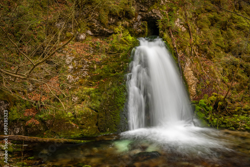 Bohinj Bistrica waterfall and spring in north fresh Slovenia in nice forest