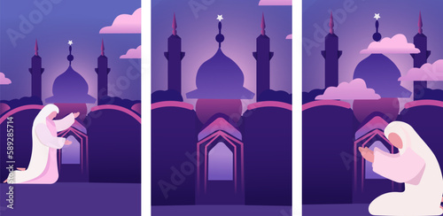 Eid Mubarak. A devout Muslims pray namaz or salah with Mosque Silhouette Backdrop. Great for cards, posters, banner. Vector Illustration