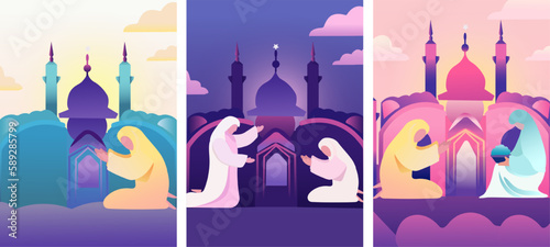 Eid Mubarak. A devout Muslims pray namaz or salah with Mosque Silhouette Backdrop. Great for cards, posters, banner. Vector Illustration