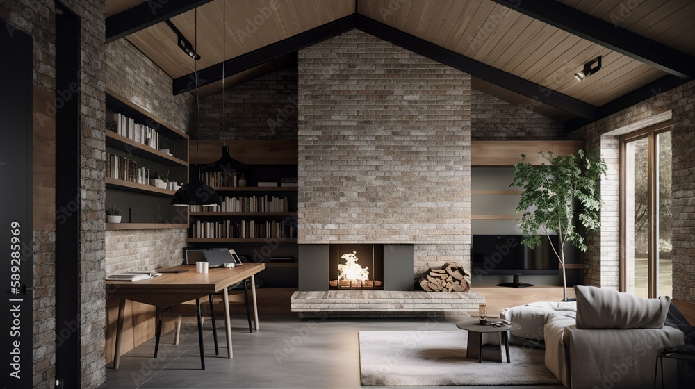 Modern living room interior with cozy fireplace and brick furnace chimney  and metal frames generative ai Stock Illustration | Adobe Stock