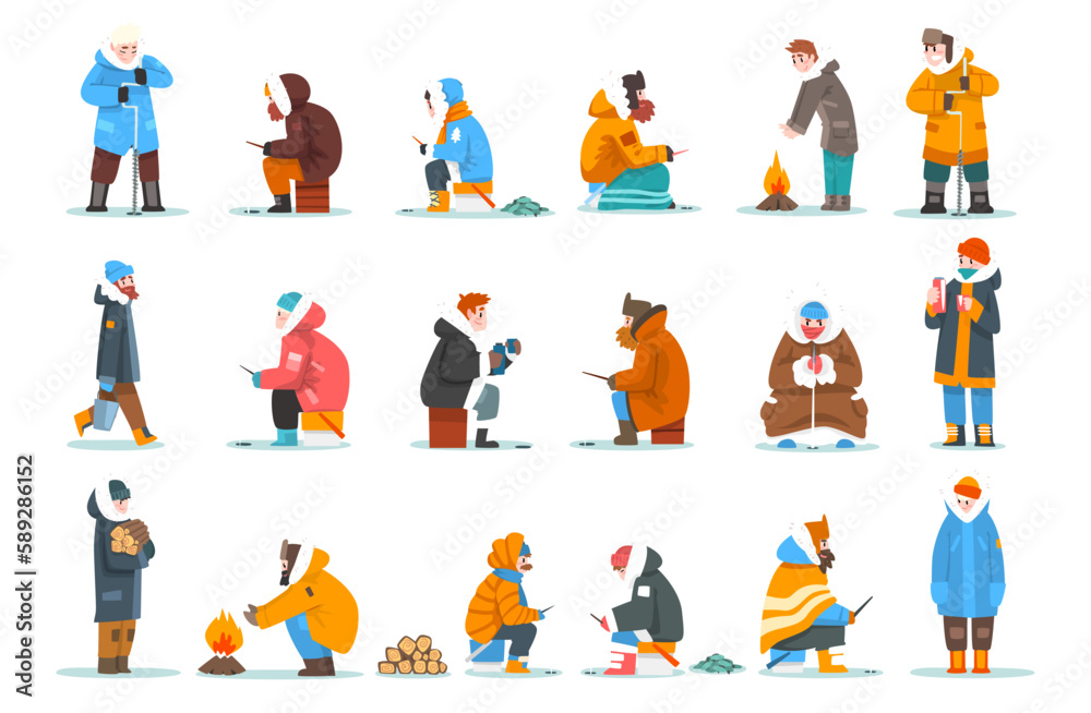 Fisherman in Warm Winter Clothing Capturing and Angling in Ice Hole with Fishing Rod Vector Set