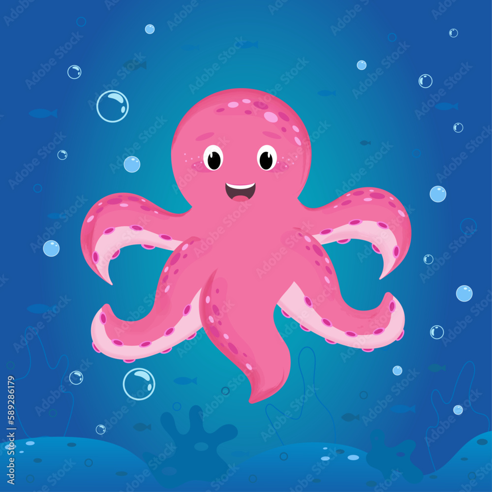 A card or poster with Cartoon pink Octopus in the ocean, underwater world, vector illustration