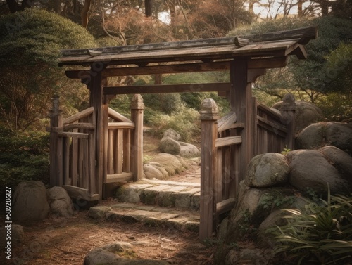 A warm and inviting view of a traditional wooden gate in a Japanese garden