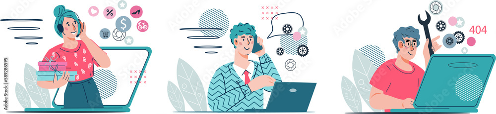 Customer support service or telemarketing call operators staff. Call center and clients online support agents or telemarketers team Customer support service or telemarketing call operators staff. Call center and clients online support agents or telemarketers team