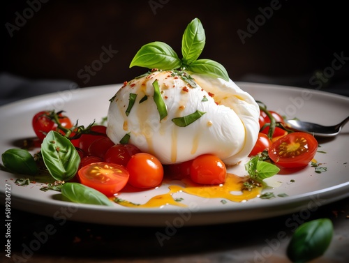 Burrata cheese with fresh basil and cherry tomatoes, selective focus. photo