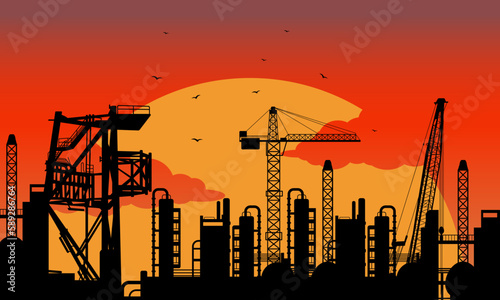 Construction silhouette sunset view. Industrial building silhouette