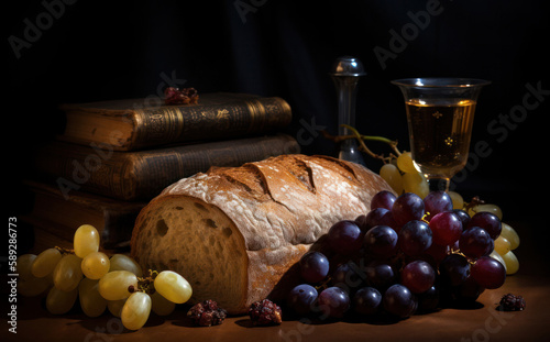 Photo-Realistic Still Life of First Communion in Dark Gold and Purple