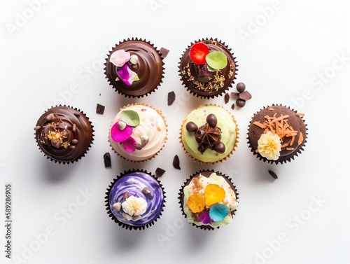 Chocolate cupcakes on white background, top view, copy space