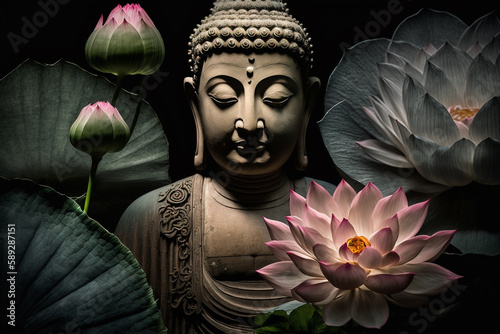 Generative AI of a Buddha statue with lotus flowers. 