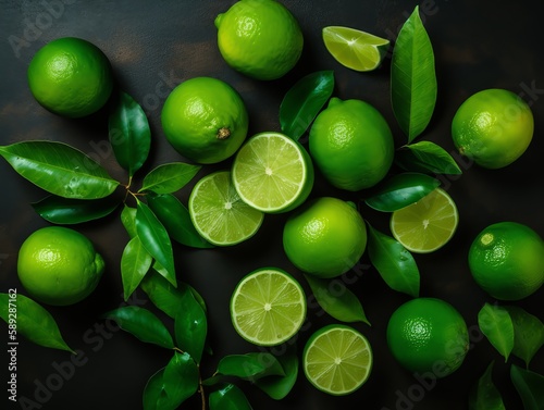 Fresh limes with leaves on black background. Flat lay, top view. © Medard