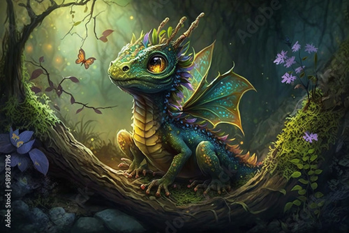 Generative ai of a cute baby dragon in a fairytale forest.  © belyaaa