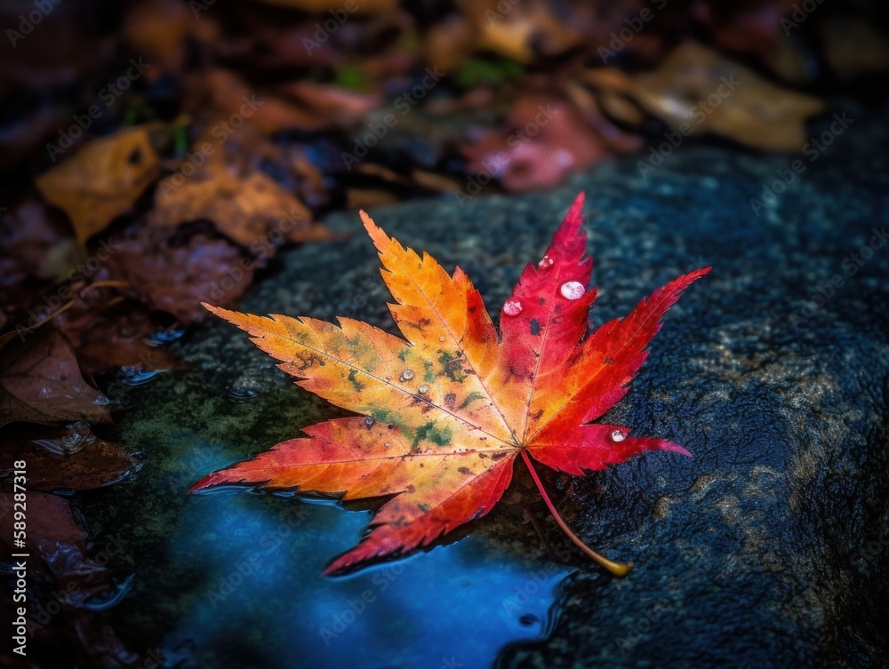 A vibrant and colorful view of a maple leaf in a Japanese garden A vibrant and colorful view of a maple leaf in a Japanese garden