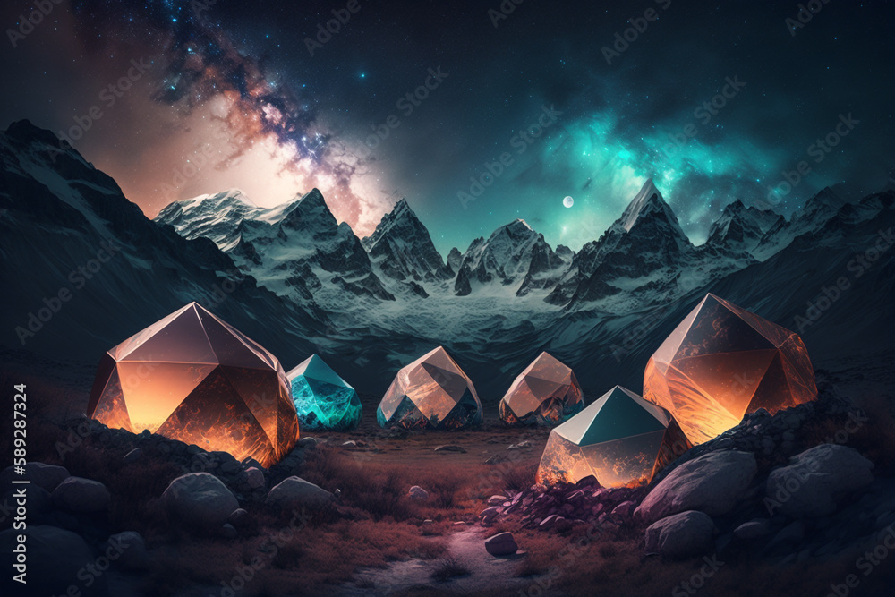 Glowing igloos under the night sky with snowy mountains in the background. Generative Ai. 