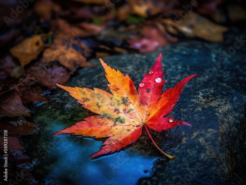 A vibrant and colorful view of a maple leaf in a Japanese garden