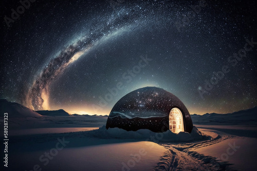 Glowing igloos under the night sky with snowy mountains in the background. Generative Ai. 