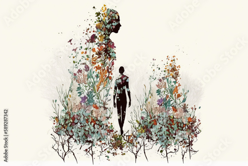 Generative Ai of a silhouette of a human and flowers in watercolor.