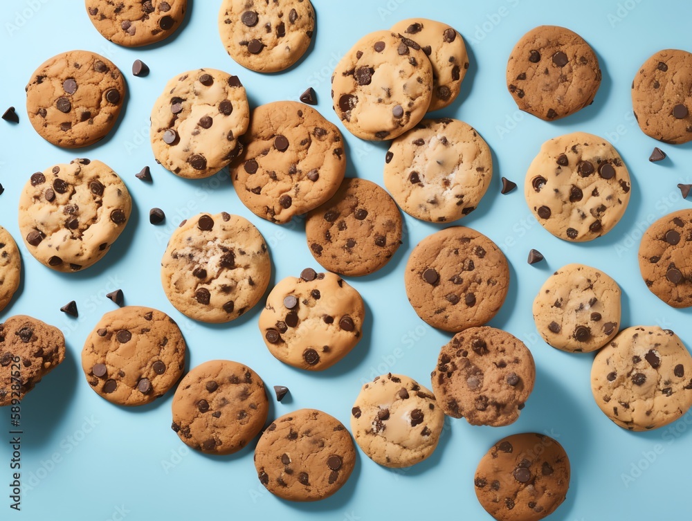 Chocolate chip cookies on blue background, top view. Sweet food Chocolate chip cookies on blue background, top view. Sweet food