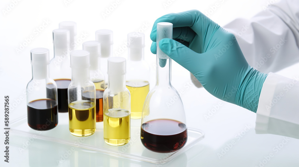 hand of scientist with test tube and flask in medical chemistry lab. Generative Ai hand of scientist with test tube and flask in medical chemistry lab. Generative Ai