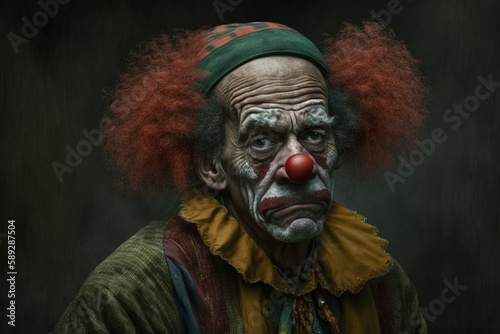 Generative Ai of a terrifying clown in front of a circus. 