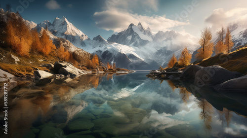 A majestic lakeside mountainrange with snow covered peaks and glassy water in a secluded forest the bright sunlight shining - Generative AI photo