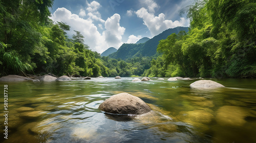 Beautiful natural scenery of river in tropical green forest with mountains in background. Generative Ai