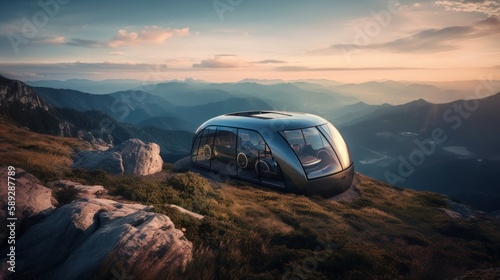 Experience Ultimate Adventure: A Graphene-Walled Mountaintop Retreat with Teleportation Pad and Stylish Hovercar for Breathtaking Views, Generative AI