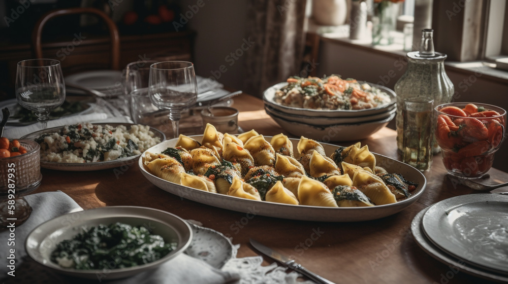 a delicate food photograph of a table with plates of different kinds of pasta, the soft lighting showing the herbs, sauces cheeses and plates - Generative AI