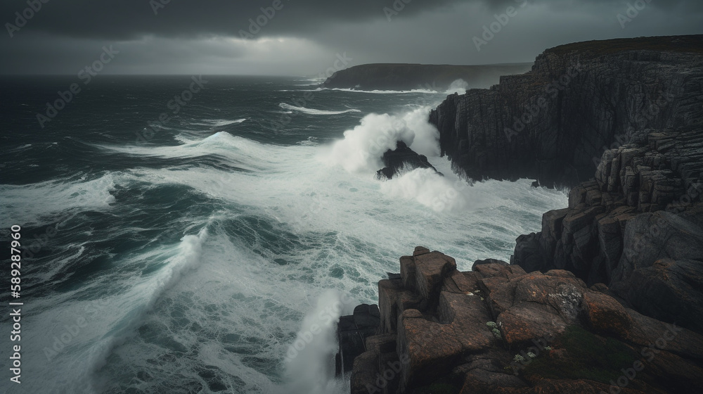 a roaring coastal line in a storm, the cliffs holding against the waves from the sea - Generative AI a roaring coastal line in a storm, the cliffs holding against the waves from the sea - Generative AI