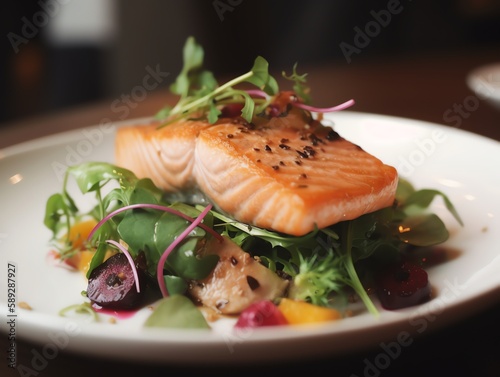 Salmon salad on white plate in restaurant, shallow depth of field