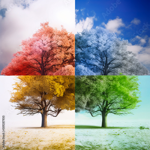 Change of the seasons on the example of tree. Four squares with diverse colors of foliage. Generative AI. © Vadim