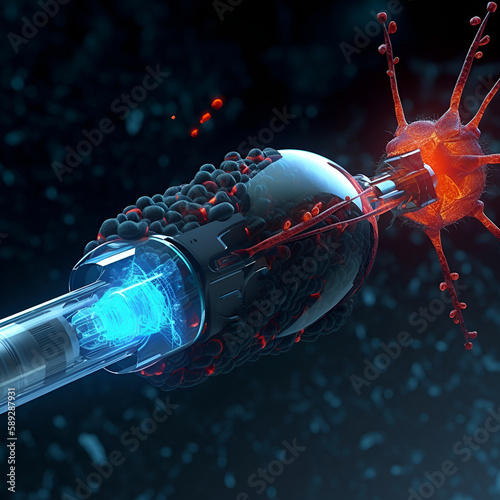 A futuristic medicine injection that destroy viruses and bacteria, science, created with generative AI technology photo