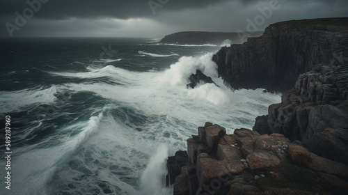 a roaring coastal line in a storm, the cliffs holding against the waves from the sea - Generative AI © Luca