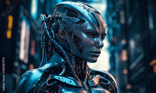 Metal robot with female face. Futuristic humanoid with multiple scars. Close up portrait. Blurred backdrop. Generative AI.