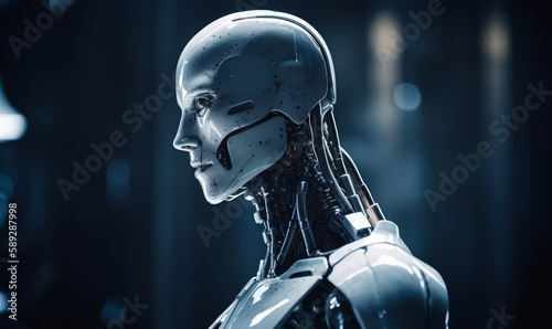 Side view of a male humanoid with white plastic skin. Cutting-edge technological robot with little scratches on face and head. Close up. Blurred backdrop. Generative AI.