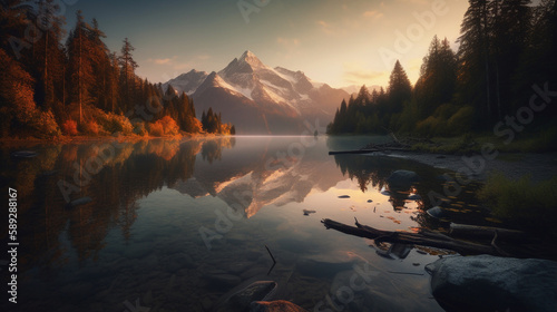 A majestic lakeside mountainrange with snow covered peaks and glassy water in a secluded forest the bright sunlight shining - Generative AI