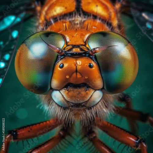 macro of a dragon-fly showing its faceted eyes in multiple colors - Generative AI © Luca