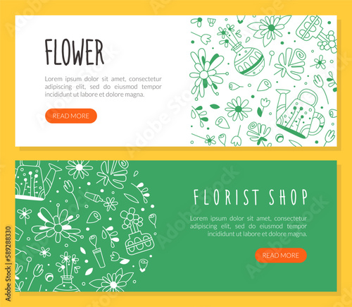 Florist shop web banners set. Flower studio, landscape designer, wedding florist landing page template vector illustration