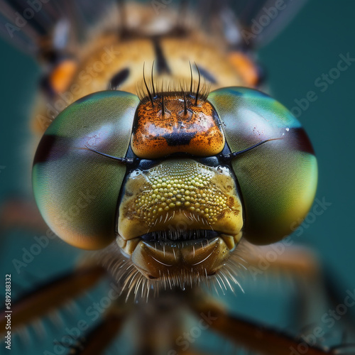macro of a dragon-fly showing its faceted eyes in multiple colors - Generative AI