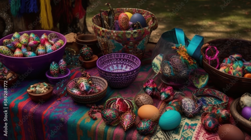 Happy Easter eggs in colorfully painted, patterned baskets and pots on the Bohemian Inspired Table, linen napkins