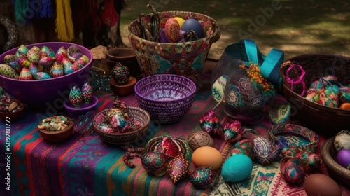 Happy Easter eggs in colorfully painted  patterned baskets and pots on the Bohemian Inspired Table  linen napkins